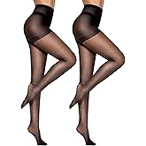 CozyWow 2 Pack Sheer Pantyhose for Women, Ultra Thin Control Top Tights, 20 Denier Tights Hosiery Stockings with High Waist