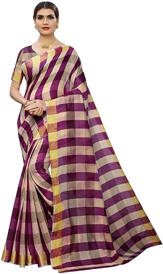 Womens Chanderi Cotton Silk Blend Linen Style Saree with Blouse (Mazenta