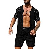 URRU Men's 2 Pieces Outfits Summer Beach Set See Through Sheer Short Sleeve Flower Lace Shirts and Shorts Sets