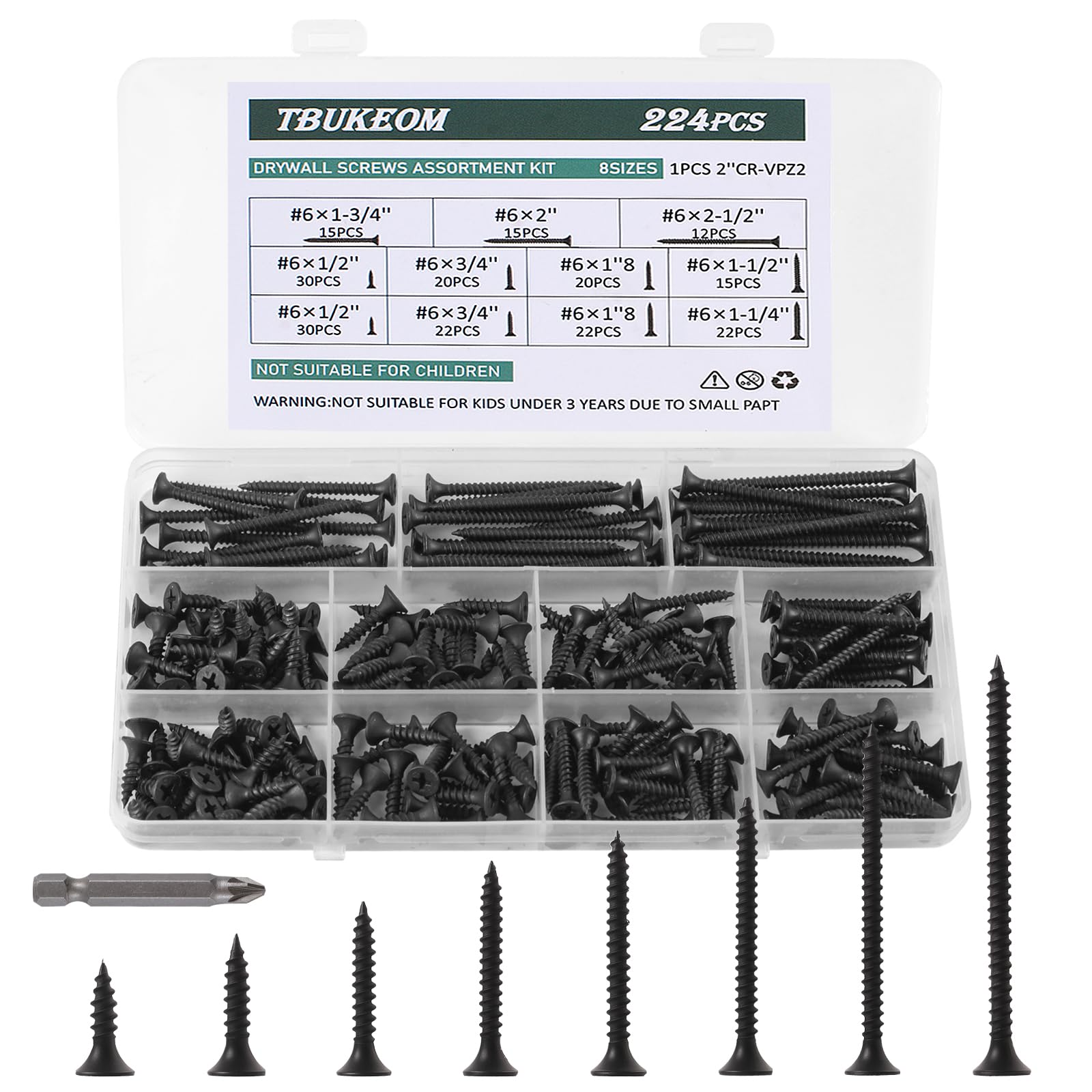 Photo 1 of TBUKEOM Screws Assortment Kit, 224 PCS, High Hardness Phillips Drive Screws Set, Coarse Thread, Black Flat Head Wood Screws, Carbon Steel, Self-Tapping Screws for Wood, 8 Sizes