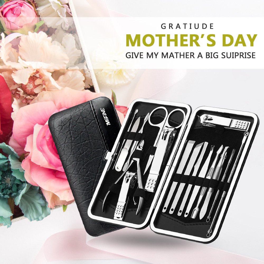 Manicure Pedicure Set Nail Clippers - Mifine 16 In 1 Stainless Steel Professional Pedicure Kit Nail Scissors Grooming Kit with Black Leather Travel Case First Generation : Beauty