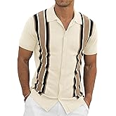 NITAGUT Mens Polo Shirts Vintage Striped Knitting Short Sleeves Button Down Golf Shirts