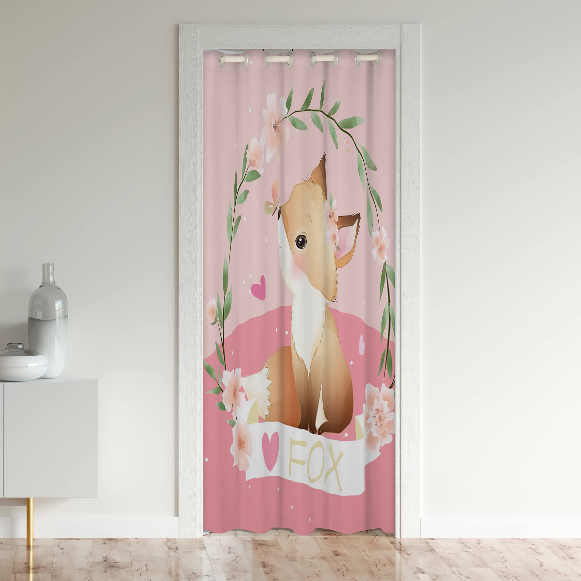 Cartoon Fox Door Curtain for Doorway Privacy 132x203cm 1 Panel Cute Fox Animals Closet Door Cover Curtain Woodland Fox Nature Wildlife Leaf Pink Green 30%-50% Room Darkening Blackout Curtain