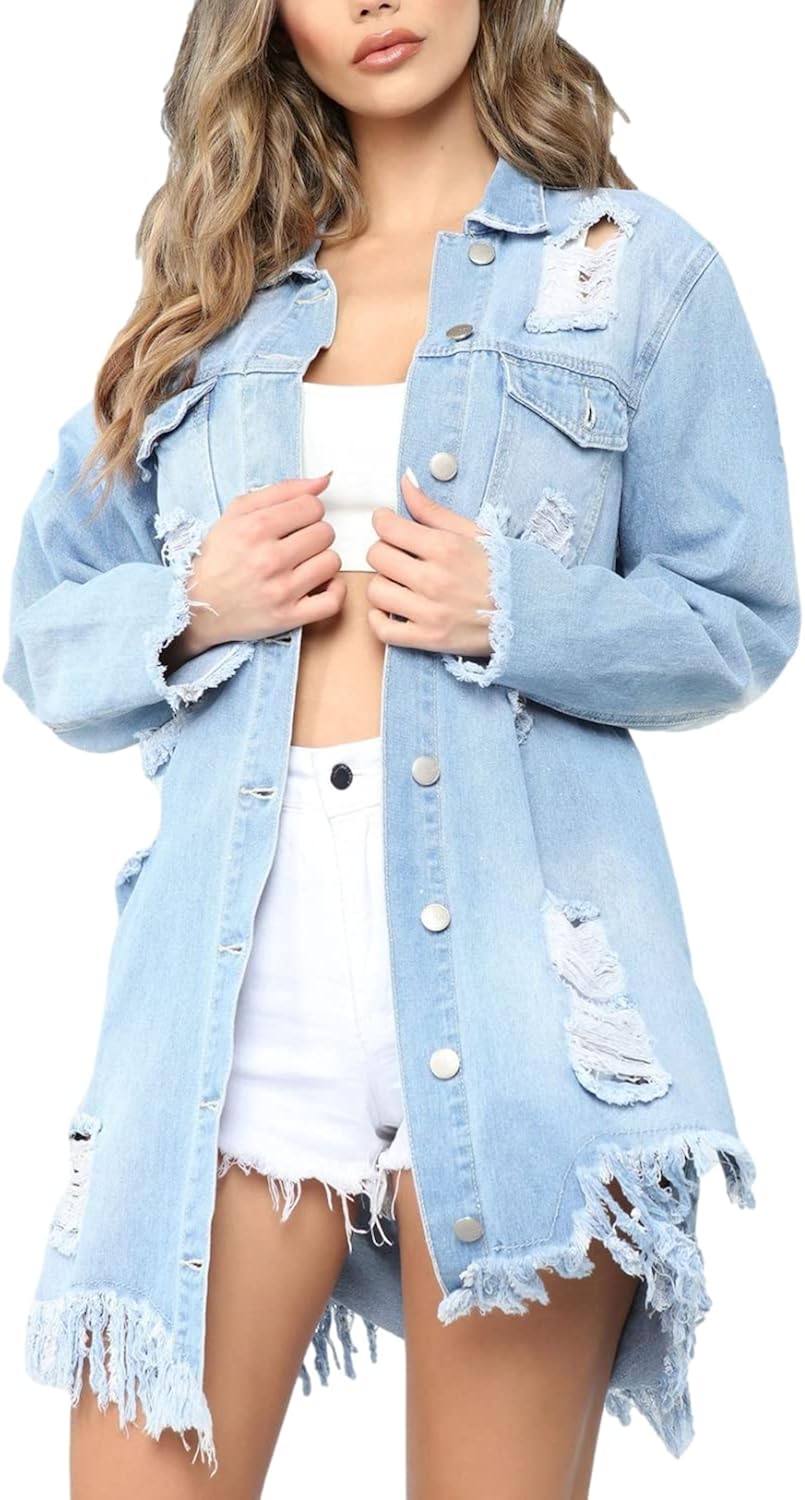 Shiyifa Women's Ripped Jeans Jacket Long Sleeve Lapel Button Down Oversize Denim Trucker Coat at