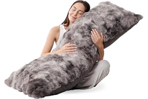 ZonLi Fluffy Faux Rabbit Fur Grey Body Pillow, Side Sleep Body Pillow with Washable Cover, Adjustable Memory Foam Fill，20x54 Long Pillow for Adults Girls & Kids