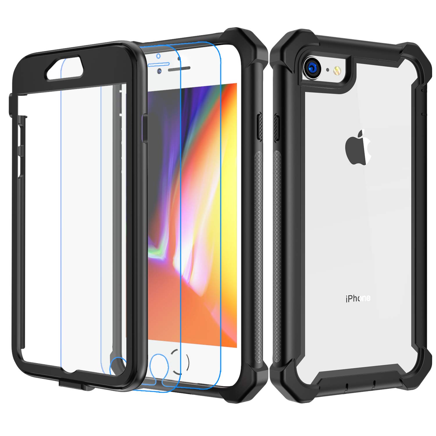 Garegce Case Compatible with iPhone SE 2020, 2 packs Screen Protectors, Black Shockproof Silicone TPU and PC 360 Degree Cover Compatible with iPhone SE 2020 / iPhone 8 / iPhone 7-4.7 inch
