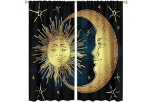 ICMOLYYENLO Sun and Moon Curtain, Boho Chic Art Golden Sun Moon and Stars Over Blue Black Sky Antique Style Polyester Cloth Print Living Room Bedroom Window Drapes 2 Panel Set, 84x84 inch