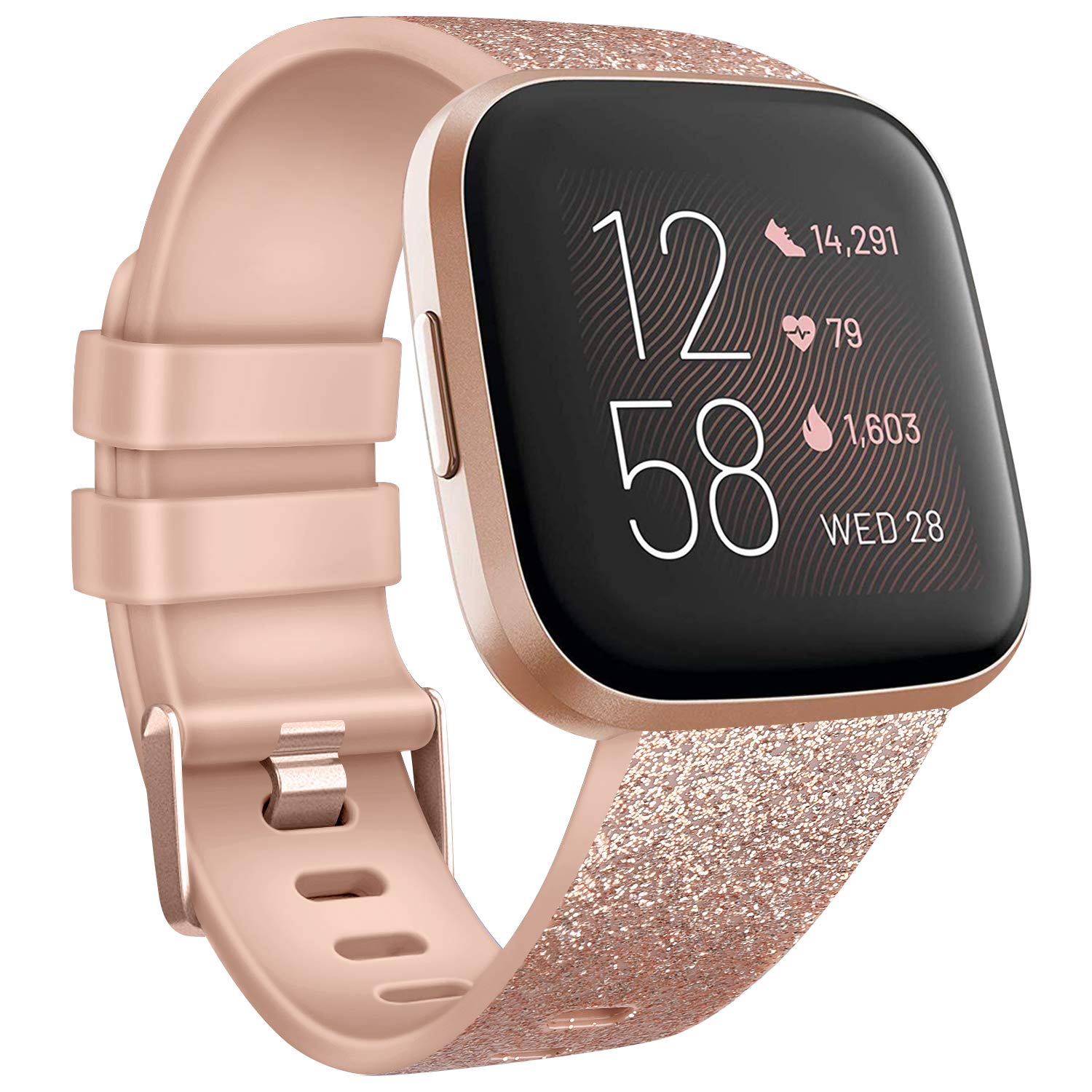 AK Replacement Strap Compatible with Fitbit Versa 2 & Versa Lite, Soft Silicone Sport Straps (Oatmeal Glitter Rose Gold, Small)