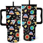 Space Tumbler with Handle 24 oz, Stainless Steel Insulated Planet Travel Coffee Mug, Planet Gifts for Teen Boys Kids Adults Astronomy Lover Birthday