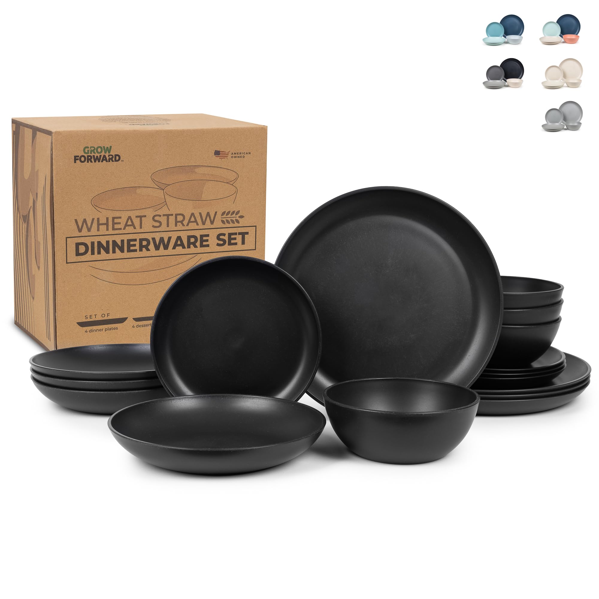 Photo 1 of Grow Forward 16-piece Premium Wheat Straw Dinnerware Sets for 4 - Unbreakable Dishwasher & Microwave Safe Plastic Plates and Bowls Sets - Patio, Outdoors, RV, Camping Dishes - Midnight