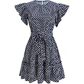 winkbay Women's Summer Polka Dots Ruffle Mini Dress Vintage Crew Neck Belted A Line Going Out Dresses