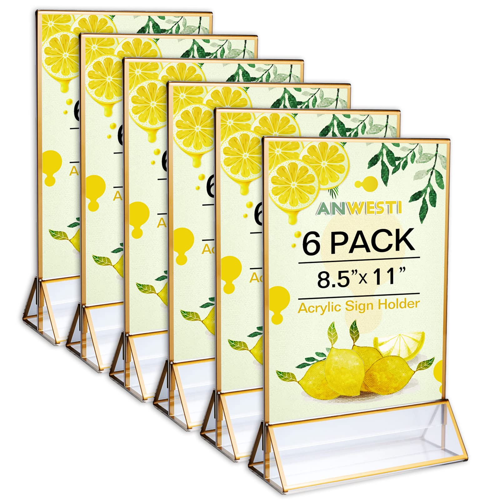 Photo 1 of Anwesti 8.5×11 Clear Acrylic Double Sided Gold Picture Frames Sign Holder for Wedding Table Numbers Art Display Restaurant Signs Picture Frame Wedding Table Acrylic Sign Holders 6 Pack
