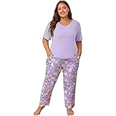 FEREMO Women Plus Size Pajama Sets 2 Piece Lounge Set Short Sleeve Tops and Long Pants Soft Pjs Sleepwear 1X-5X