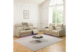 Caberryne Power Recliner Sofa Set with LED Lights,Leather Reclining Couch and Loveseat Set with USB Port/Coffee Table/Cup Holder,Living Room Set with 4 Recliner Seats for House(2 Piece Set,Paddy)