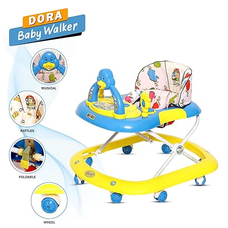 Dash Dora Deluxe Musical Baby Walker with Hanging Toys and Come with Adjustable Height for 6-12 Months Baby boy and Girl (Blue)