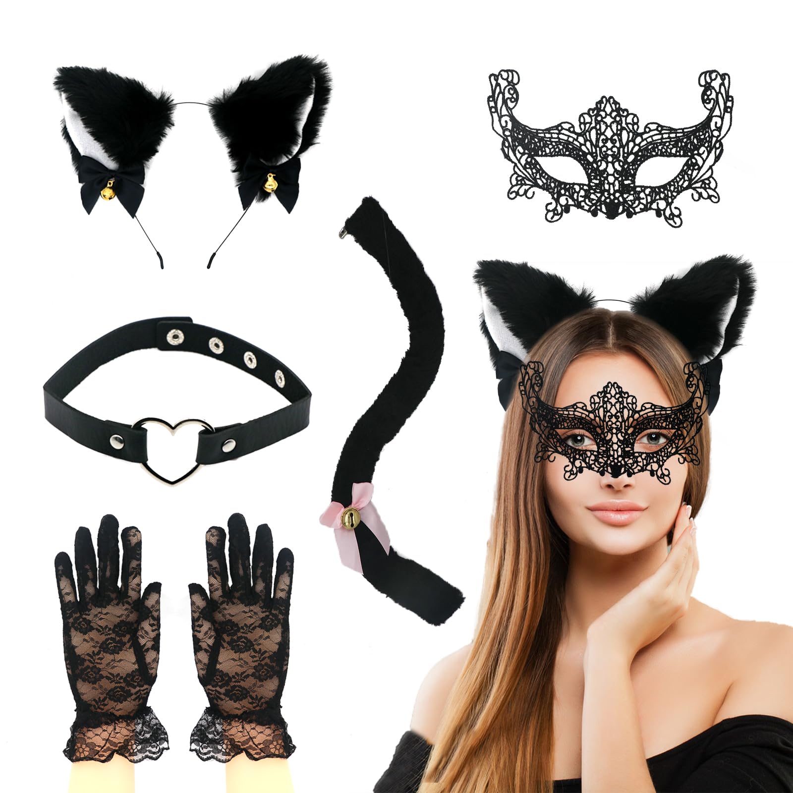 Celebration Directre Halloween Lace Cat Cosplay Set, Cat Ears Headband Masquerade Mask Plush Tail Chocker Necklace Lace Gloves for Women Girl Halloween Party Cosplay