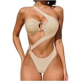 OYOANGLE Women's Ring Linked Cut Out One Shoulder One Piece Swimsuit High Cut Bathing Suits