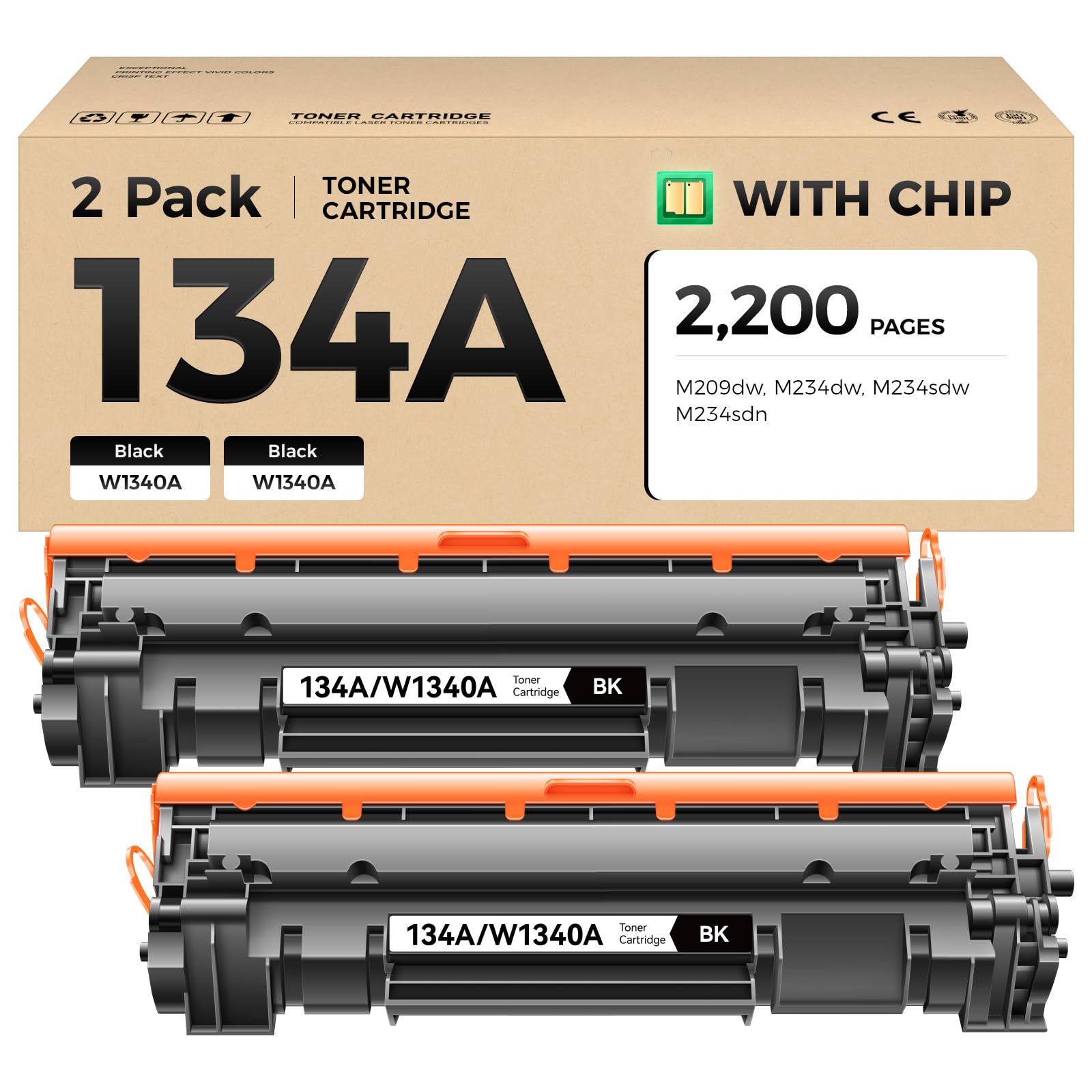 Photo 1 of 134A Toner Cartridge 2-Black with chip High Yield Replacement for HP 134A W1340A 134X W1340X Compatible with HP Laserjet M209dw MFP M234dw M234sdw M234sdn Printer Ink M209dwe M234dwe M234sdwe M234sdne