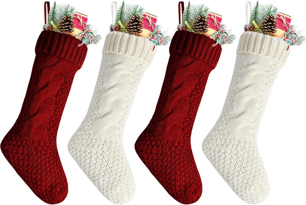 Goege Bailey Unique Red and White Knit Christmas Stockings 18" Pack 4