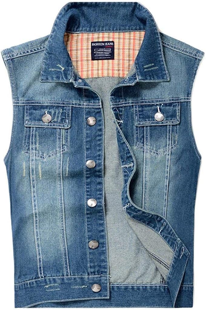 Men's Vest Frayed Distressed Lapel Denim Sleeveless Metal Vest Unique Buckle Breasted Jeans Vest 