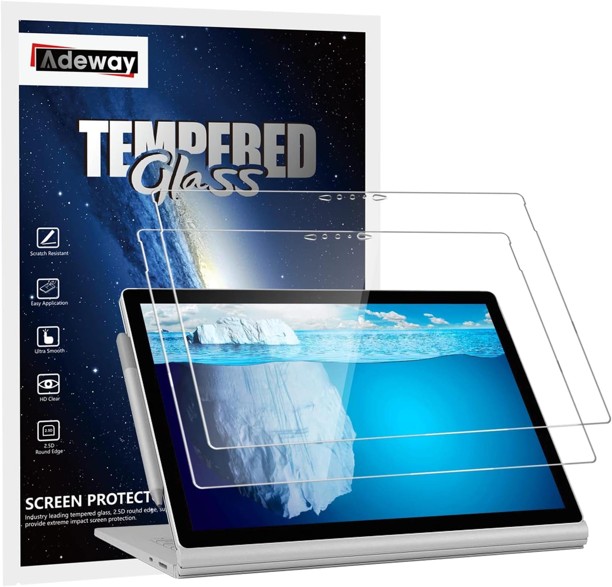 Adeway [2 Pack] Surface Book 3 Screen Protector 15 Inch, Tempered Glass, Esay Installation, High Sensitivity, 9H Hardness, Scratch Resistant for Surface Book 2 (1793/1907 Model)