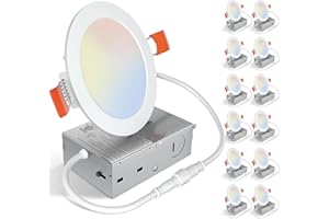UVFD 12 Pack 4 Inch 5CCT Ultra-Thin LED Recessed Ceiling Light with Junction Box,2700K/3000K/3500K/4000K/5000K Selectable,Dimmable Canless Wafer Downlight, 9W, ETL&FCC