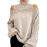 Turtleneck Sweater for Womens Cold Shoulder Lantern Sleeve Pullover Off The Shoulder Cable Knit Sweater Jumper