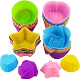 Silicone Cupcake Liners Reusable, 24Pcs Non-stick Muffin Liners Baking Cups | BPA Free, Oven &amp; Air Fryer Safe, 2.8 x 2.8 x 1.2 in (LxWxH), Multicolor Round, Stars, Heart, Flowers Shape for Kids