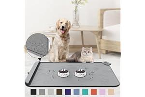 ZIRWTI Pet Feeding Mat, 36''x 24'' Large Silicone Dog Cat Bowl Mat With Residue Collection Pocket, Waterproof Food and Water Tray With Edge and Hook, Dark Gray