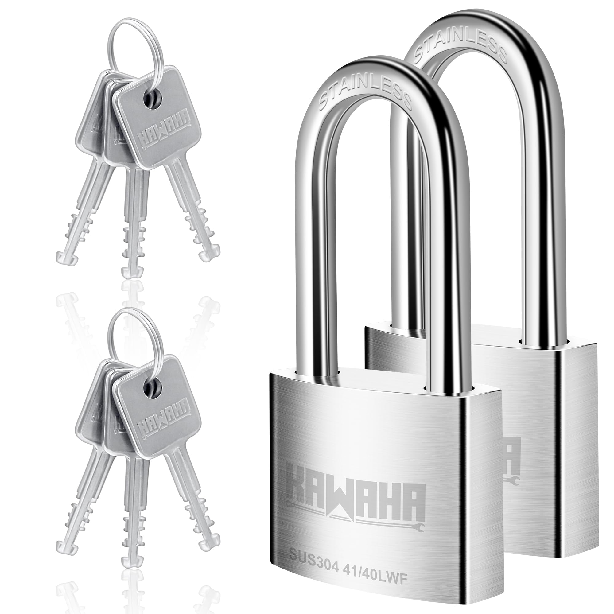 KAWAHA 41/40L-2PS 1-9/16 inch (40mm) Long Shackle High Security Stainless Steel Padlock with Stainless Steel Key for Both Indoor and Outdoor use (Heavy Duty, Anti-Rust) (40mm, Keyed Alike L - 2 Pack)