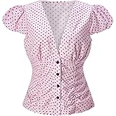 winkbay Women's Y2k Polka Dots Puff Sleeve Tops Cute Summer Ruched Button Down Blouses Going Out Outfits