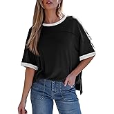 Dokotoo Summer Tops for Women 2026 Loose Oversized T Shirts Crewneck Color Block Side Slits Basic Tee Blouses