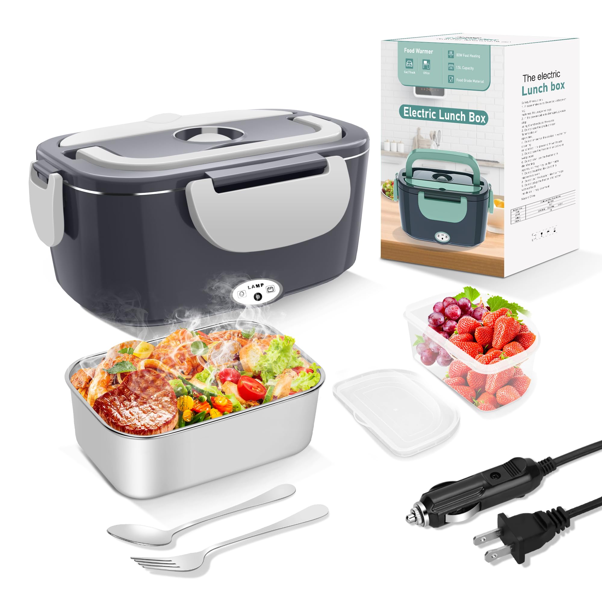 Electric Heated Lunch Boxes Adults: 80W Electric Lunch Box Food Heated 12/24/110V 1.5L Heatable Lunch Box for Car/Truck/Office Leak-Proof Stainless Steel Container, Fork & Spoon, Bag (Dark Grey) Image