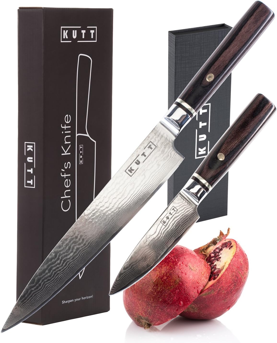 Kutt Japanese Damascus Knife Set, Contains Razor Sharp, Easy to Use and Rust Free 8 Inch Chef Knife and 4 Inch Pairing Knife, VG-10 Stainless Steel, German Design