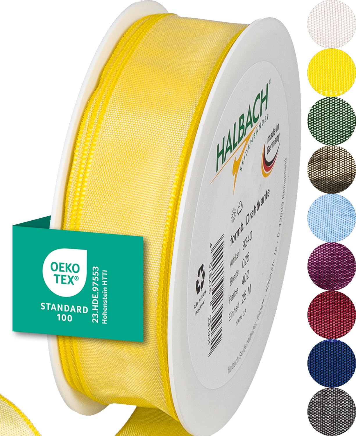 Halbach Seidenbänder Premium Gift Ribbon With Wired Edge - 25 mm Width, 25 m Length - Oeko-Tex 100 Certified Taffeta, Made in Germany - Light Yellow