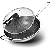 WANGYUANJI Honeycomb Stainless Steel Wok Pan with Lid, 12.6 Inch Hybrid Nonstick Stir Fry Pan Flat Bottom, PFOA-Free, Induction Compatible, Dishwasher Safe, No Seasoning Needed (Serves 3-4)
