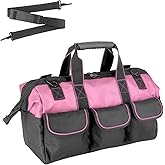 Oseeny 16-inch for women purple tool box Non-slip feet adjustable shoulder strap 14 functional insert pockets,large capacity Men's heavy-duty toolbox,for electricians, carpentry,gardening (Pink)