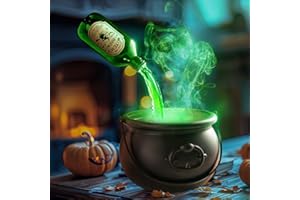 MEADIN Halloween Decorations Indoor - Cauldron Halloween Decor with Magic Floating Potion Bottles and Diffuser - Black Plastic Witches Bowl Hocus Pocus Party Decoration for Spooky Vintage Home Kitchen Table