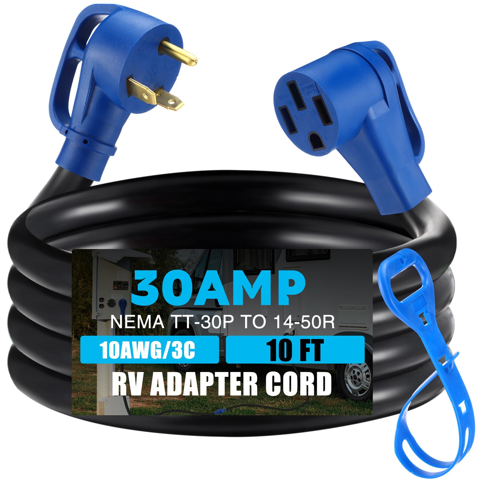 Photo 1 of Mootycapa 10FT 30 Amp RV Charger Extension Cord Compatible with NEMA TT-30P to 14-50R, 3 Prong 30Amp Male to 4 Prong 50Amp Female, Generator to RV with Cable Organizer, NOT for EV, ETL Listed