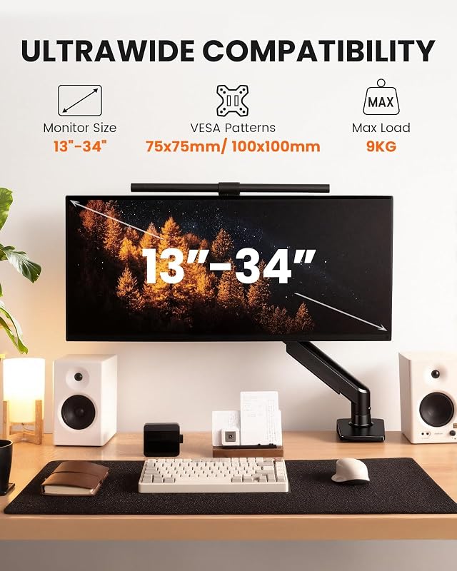 Suporte para monitor de secretária para 13-34 polegadas [Atualizado - sem rendimento] Braço de monitor de instalação rápida até 9kg, com gestão de cabos para escritório e jogos, VESA 75 & 100 mm