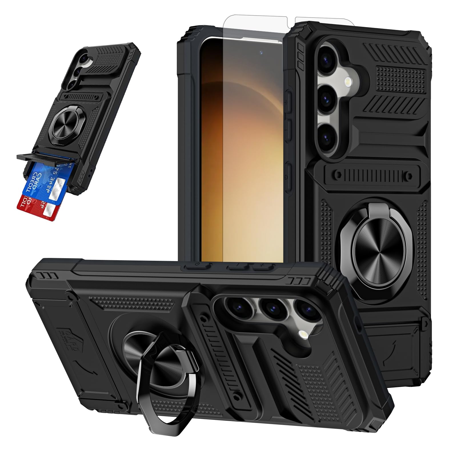 Furiet Phone Case for Samsung Galaxy S23 FE 5G with Tempered Glass Screen Protector Card Slot Ring Stand Shockproof Soft Silicone Bumper Hybrid Two Layer Defender for S 23 EF S23FE 23S Women Men Black