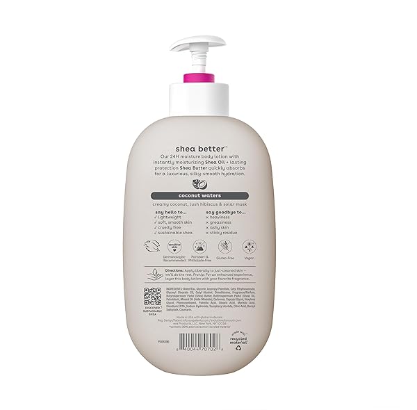 EOS SHEA BETTER BODY LOTION- COCONUT WATERS, 24-HOUR MOISTURE SKIN CARE, LIGHTWEIGHT & NON-GREASY, MADE WITH NATURAL SHEA, VEGAN, 16 FL OZ