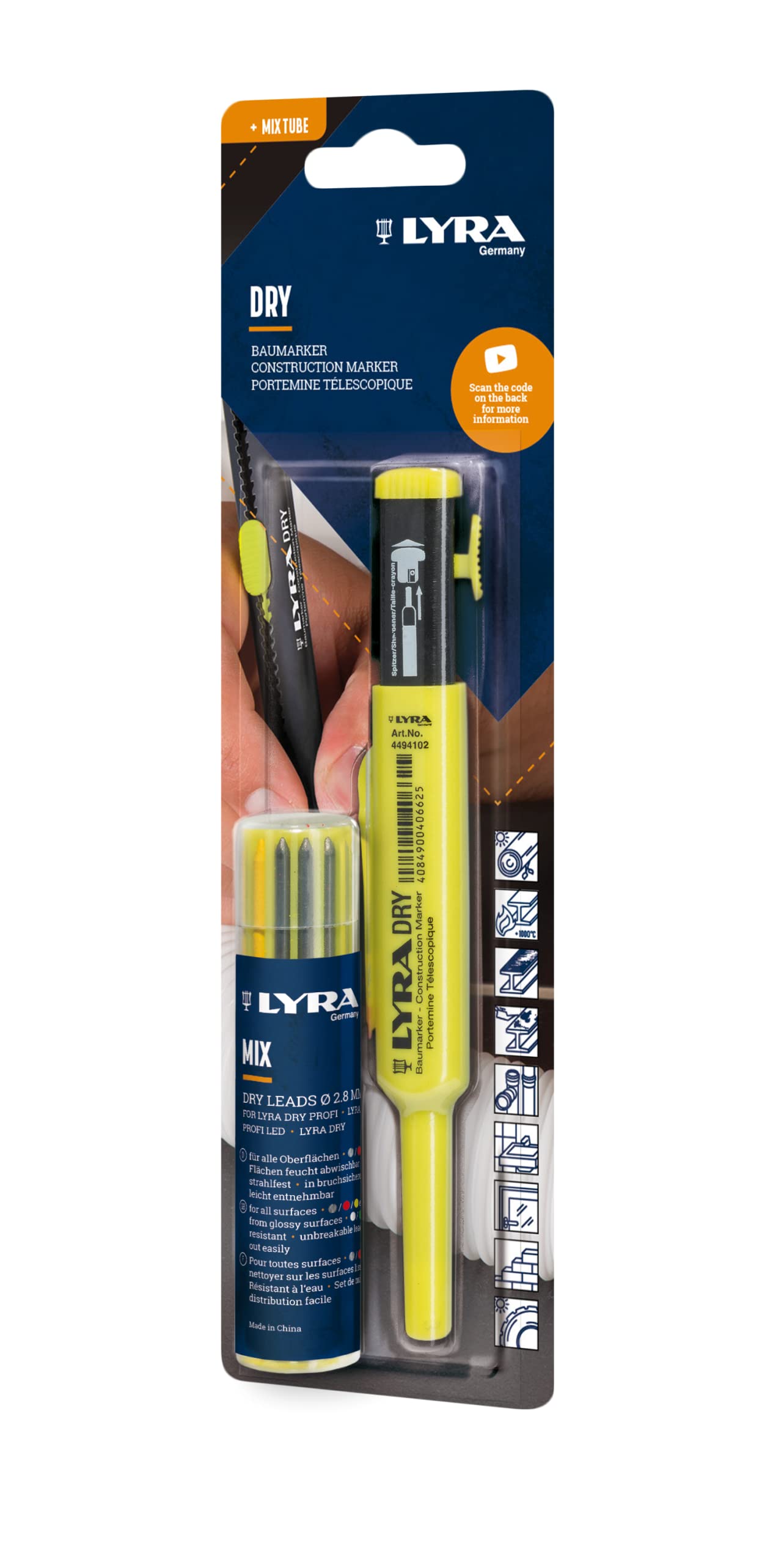 Lyra Dry Marker with Refills Set of 12 Refills (Colours Red, Yellow, Graphite, White, Green, Blue) with Sharpener - 4498001