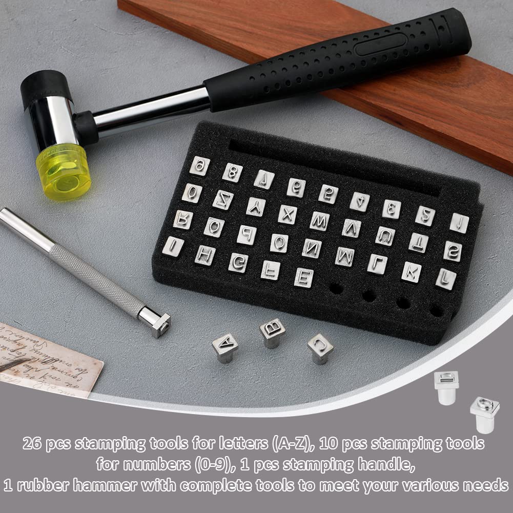 38 PCS Leather Stamping Tools, Leather Stamping Kit with 36pcs Letters and Numbers, Rubber Hammer, Leather Punch Tools, Leather Stamp Set Leather Carving Tools Leather Stamps for Leather Working
