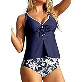 Aleumdr Womens Tankini Swimsuits Tummy Control Two Piece Bathing Suit Tie Knot V Neck Swim Top with Bottom
