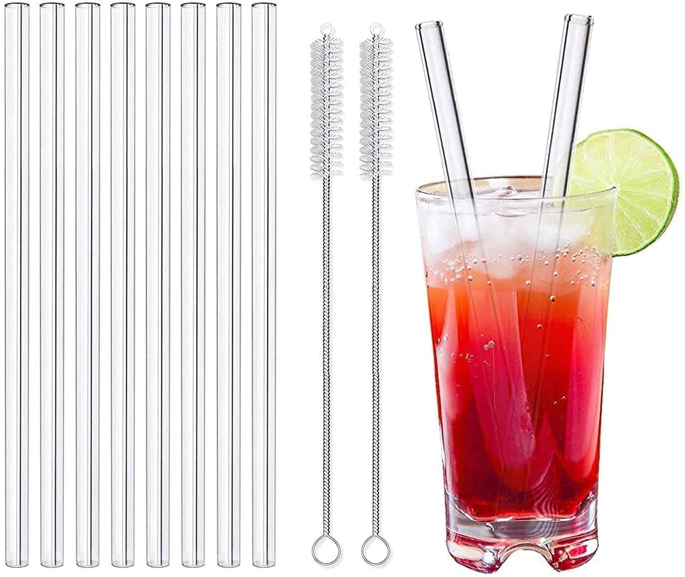 LessMo 8 Pcs 21.5cm Reusable Glass Straws-LFGB Certified Transparent Glass Straws with 2 Cleaning Brushes, Explosion-Proof, Environmentally Friendly, BPA-Free, for Cocktails