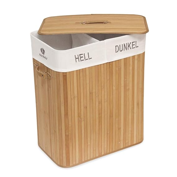 Klarabella® 100 L Faltbarer Bambus-Wäschesammler Wäschekorb mit Tragegriffen, Deckel & herausnehmbarem Wäschesack mit 2 getre