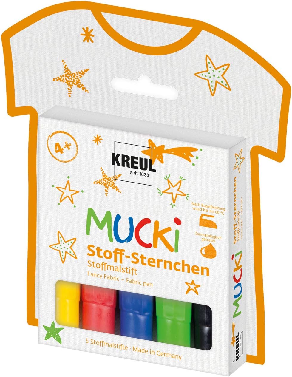 Kreul 27156, Mucki fabric stars, 5 fabric colouring pens for children in yellow red, blue, green and black, line width 2-5 mm