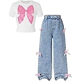SOLY HUX Girl's 2 Piece Outfits Cute Bow Graphic Short Sleeve T Shirt and Jean Pants Set Streetwear Multicoloured 10Y