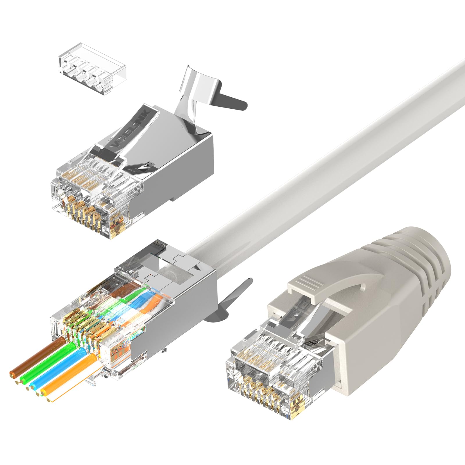 VCELINK Gen2 RJ45 Pass Through Connector Cat7 Cat6A Network Plug Shielded Gold Plated for Installation Ethernet Cable Cat7 Cat6A 8P8C with Load Bar and RJ45 Boots Cover 10Pack Grey